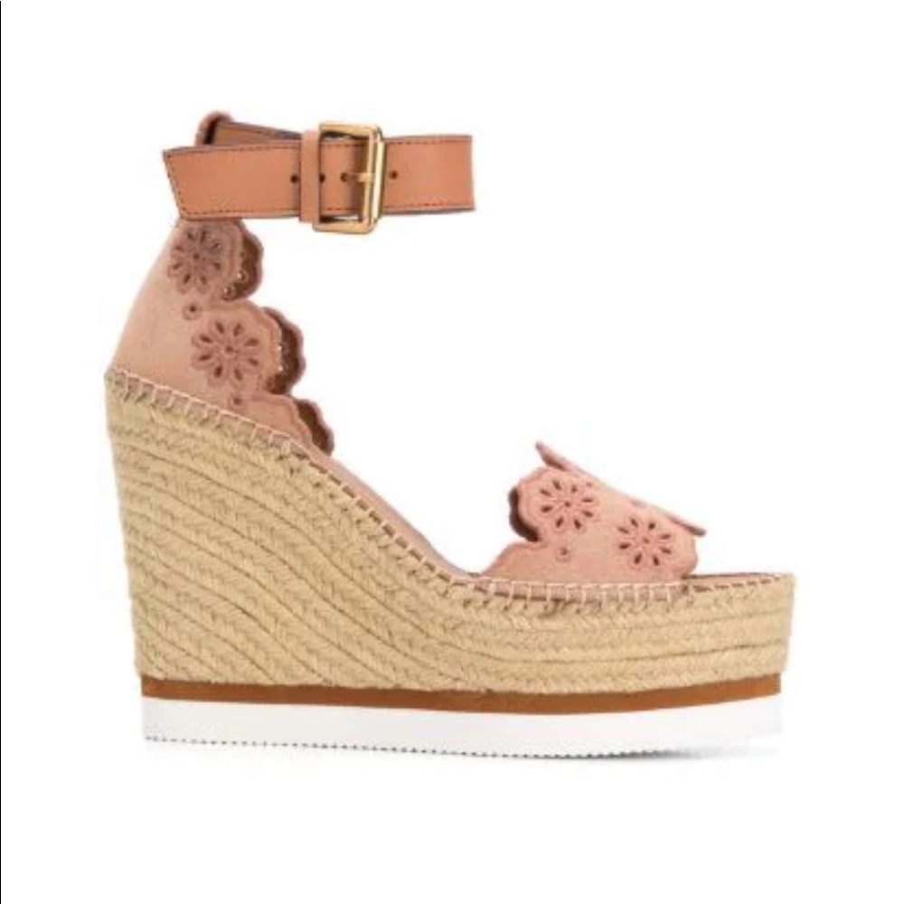 SEE BY CHLOÉ: Floral Laser-Cut Suede Platform Espadrille Wedge Sandals